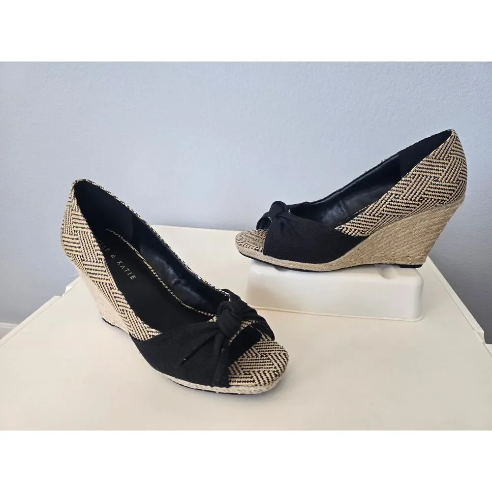 Kelly & Katie Black Espadrille Wedges Size 9.5M Peep Toe Boho Chic Woven Raffia